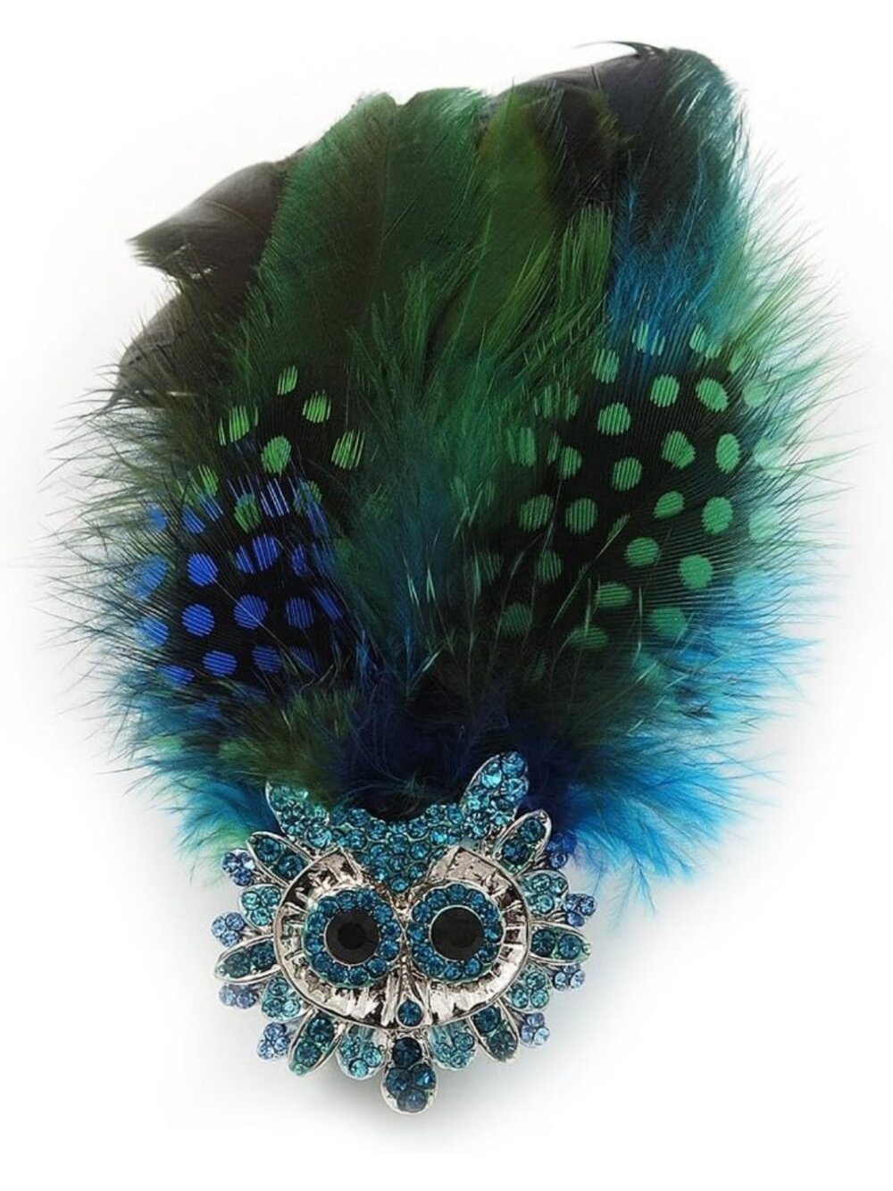 Oversized Green Blue Feather Owl Stretch Ring - Adjustable Silver Plated Jewelry